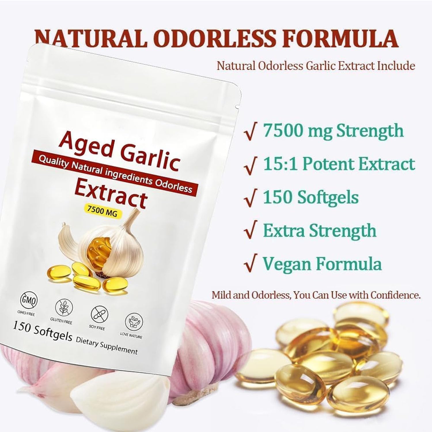 Aged Garlic Extract - 7500mg Odorless, Organic Garlic Extract Capsules, All-Natural, Non-GMO, 150 Softgels(1 PCS)