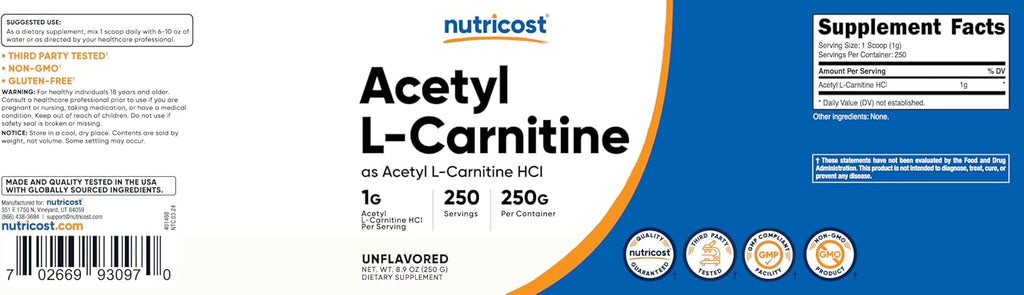 Nutricost Acetyl L-Carnitine (ALCAR) 250 Grams Powder - 1G Per Serving - 250 Servings