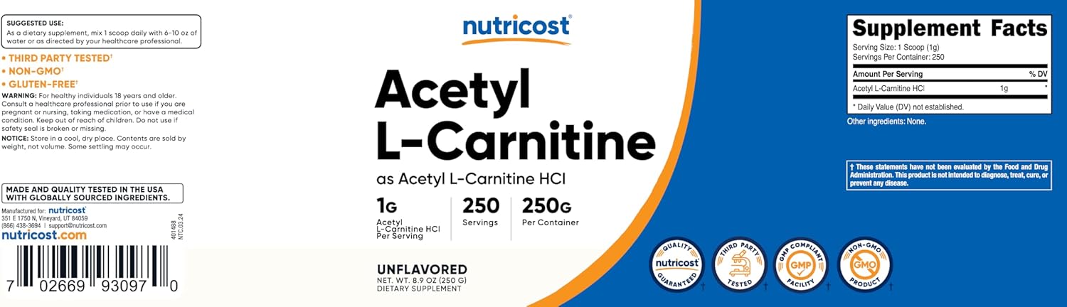 Nutricost Acetyl L-Carnitine (ALCAR) 250 Grams Powder - 1G Per Serving - 250 Servings