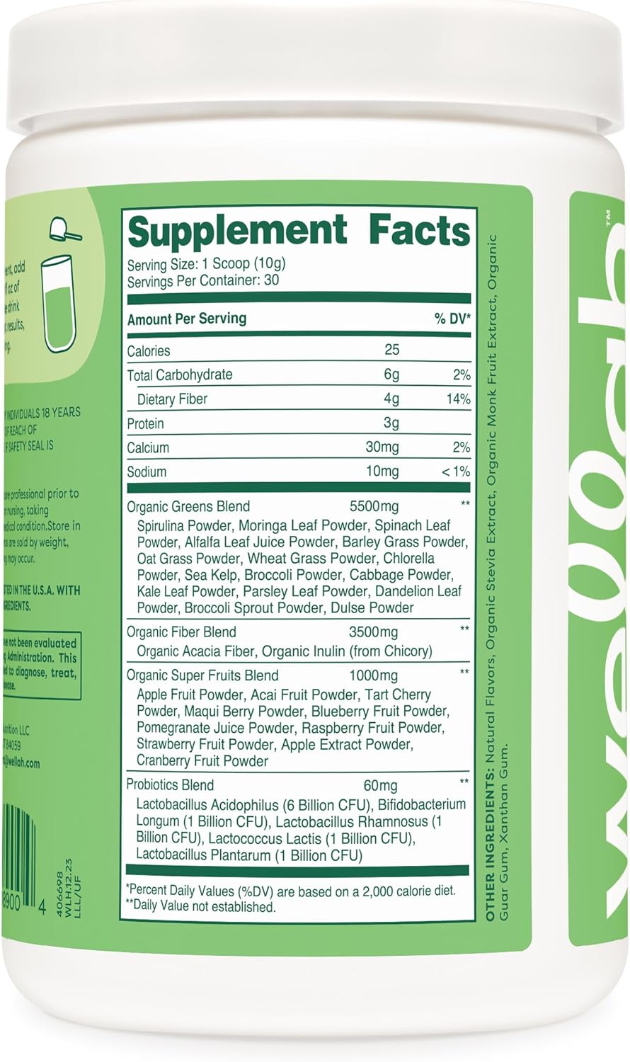 Wellah Leaf, Laugh, Love Super Greens Powder (Unflavored) 30 Servings - Superfood Supplement Drink Mix