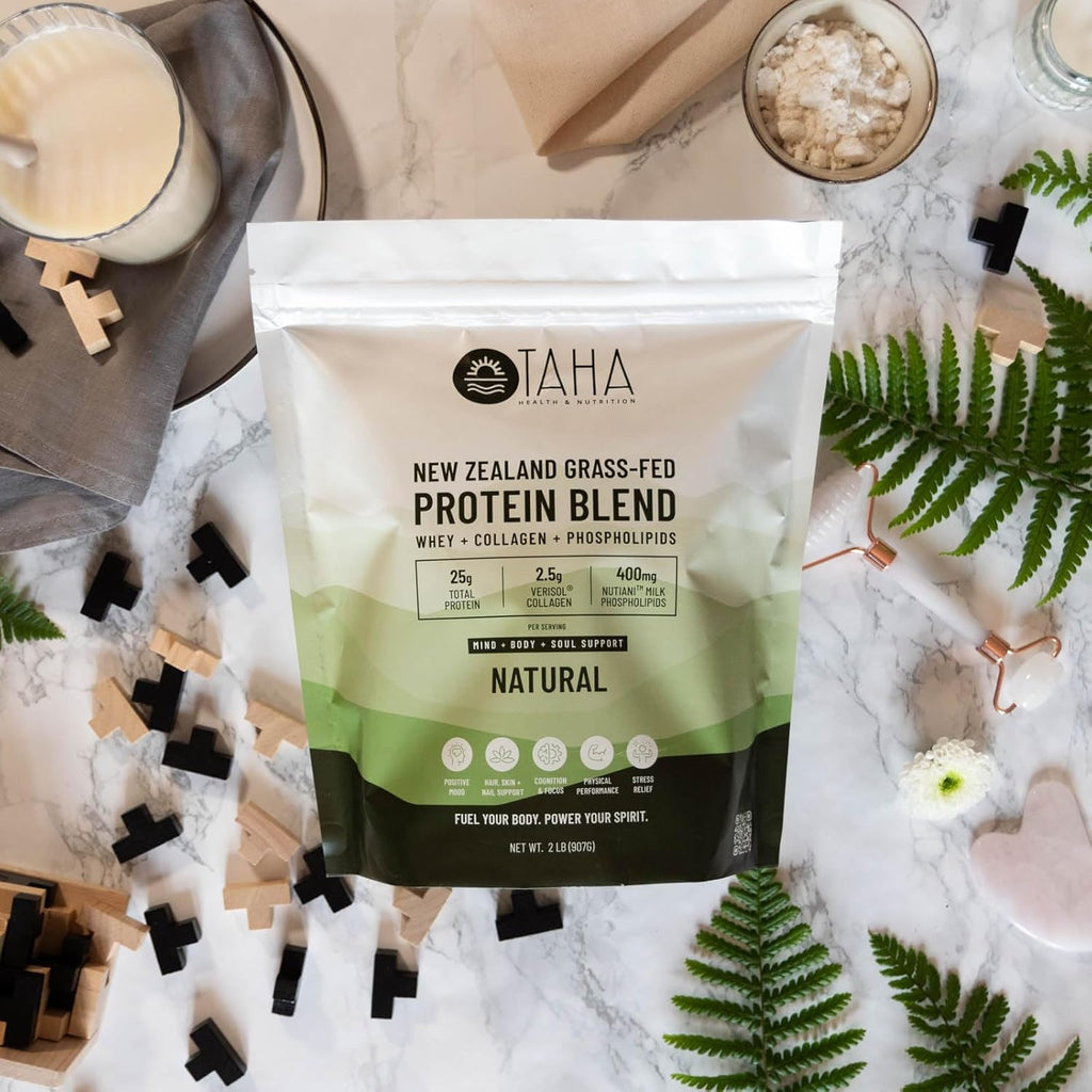 Taha Health & Nutrition Mind + Body Protein Blend – Natural, Unflavored | 25g Protein from Whey & Collagen + 400mg Milk Phospholipids | Grass-Fed, Free-Range New Zealand Dairy | 2LB