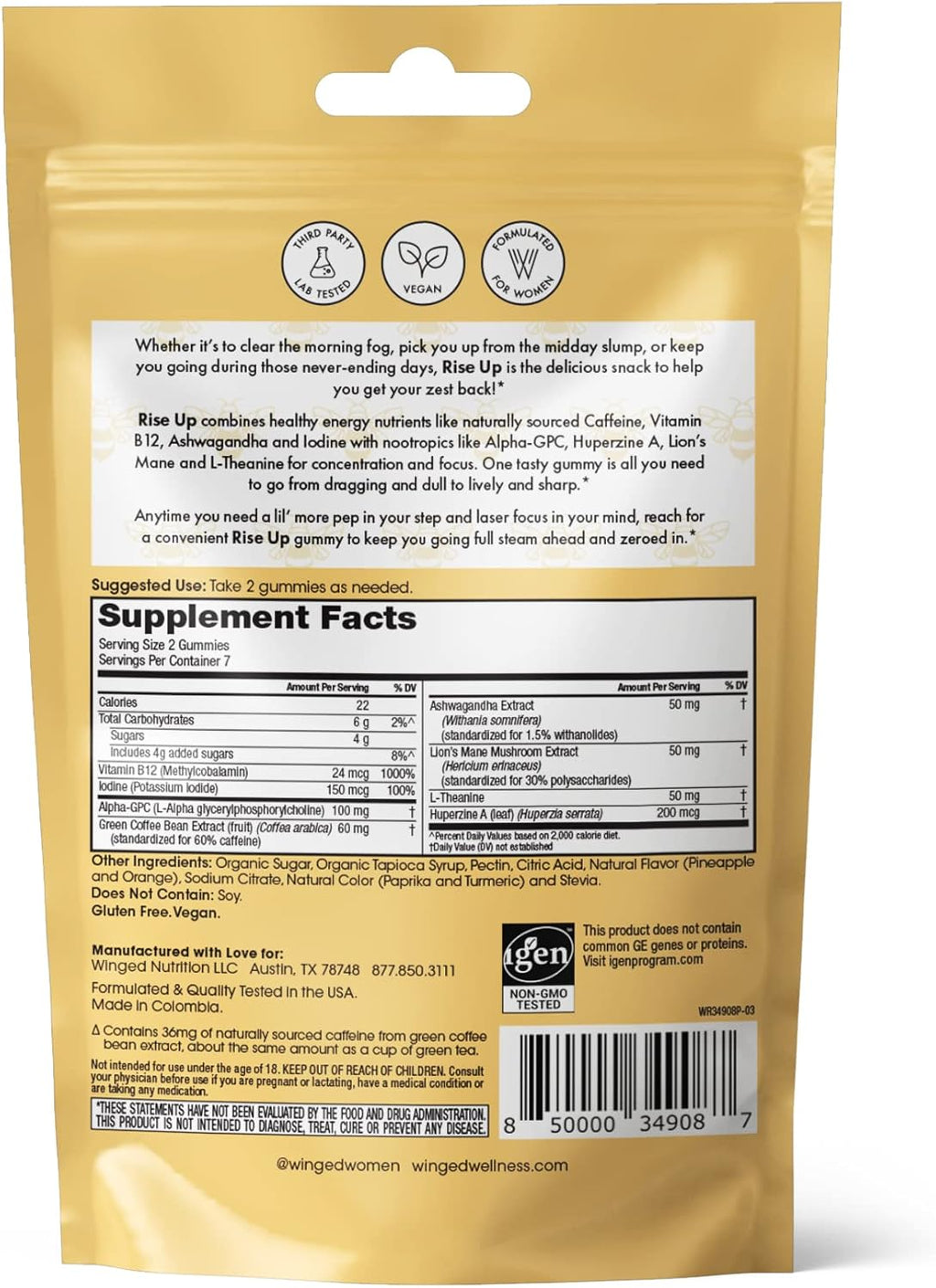 Winged Rise Up Gummies I B12 for Energy | Pineapple Flavor (14 Count)