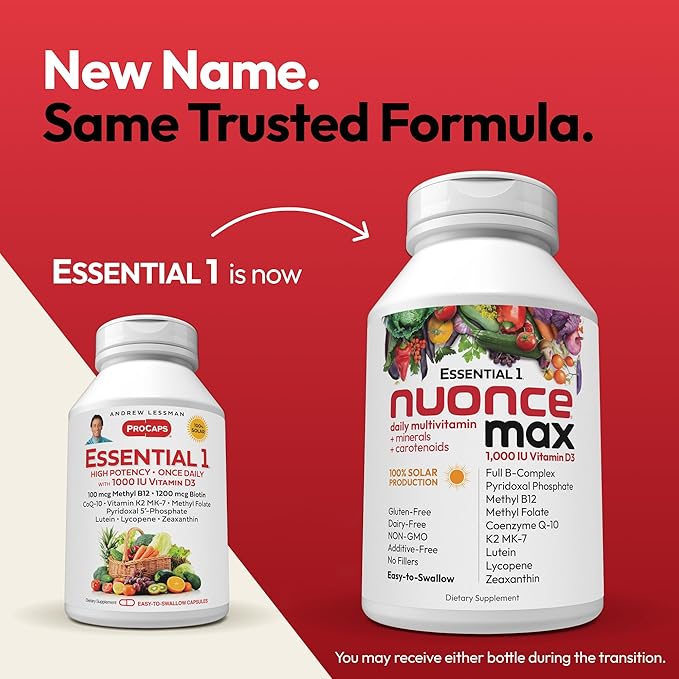 ANDREW LESSMAN Essential-1 nuonce max Multivitamin 1000 IU Vitamin D3 60 Small Capsules. 100 mcg Methyl B12. CoQ10 Lutein Lycopene Zeaxanthin. High Potency. No Additives. Ultra-Mild One Daily Capsule