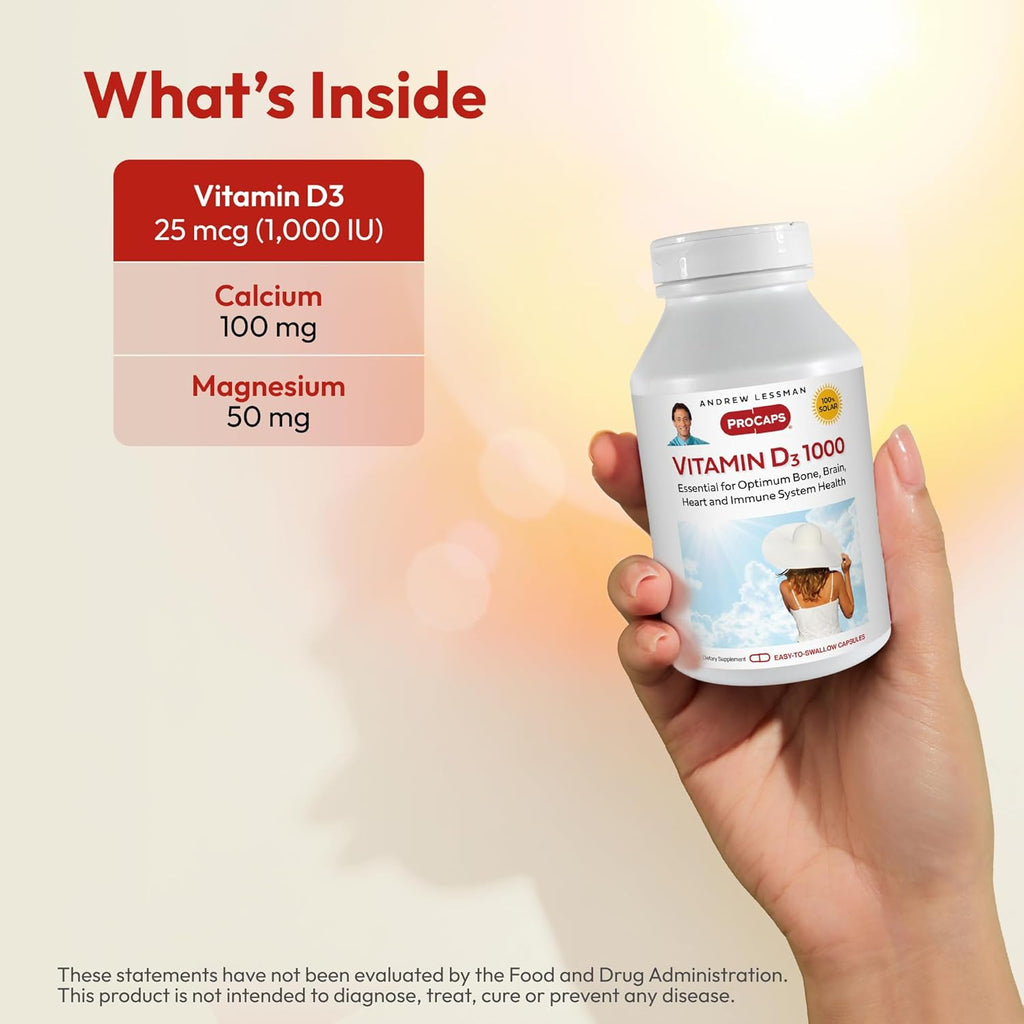 ANDREW LESSMAN Vitamin D3 1000 IU 720 Capsules - High Potency, Essential for Calcium Absorption, Supports Bone Health, Healthy Muscle Function, Immune System, More. Small Easy to Swallow Capsules