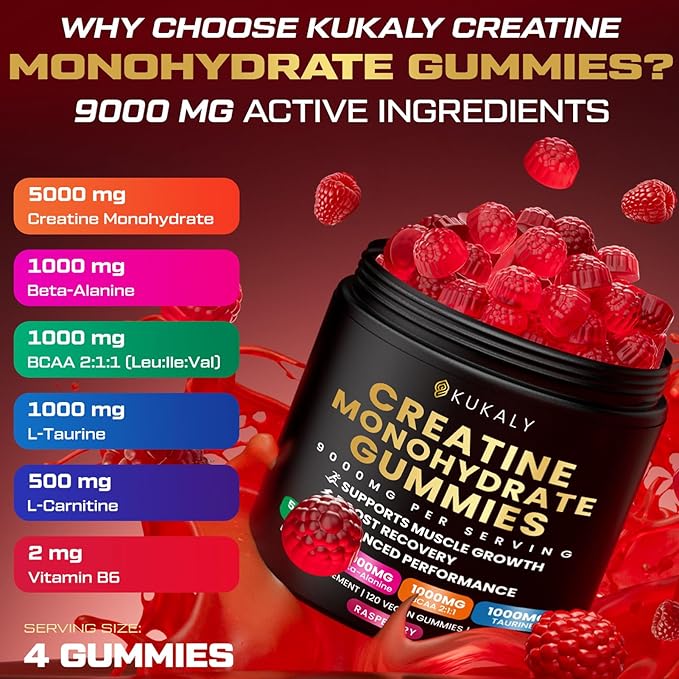 Creatine Monohydrate Gummies for Men & Women, 9000MG Creatine Gummies Sugar Free with L-Taurine, BCAA 2:1, B12 B6 for Boost Strength, Focus & Endurance, Vegan, Non-GMO, Raspberry 120*2 Bottle