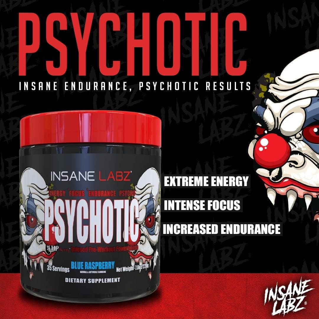 Insane Labz Psychotic, High Stimulant Pre Workout Powder, Extreme Lasting Energy, Focus and Endurance with Beta Alanine, Creatine Monohydrate, DMAE, 60 Srvgs, Grape