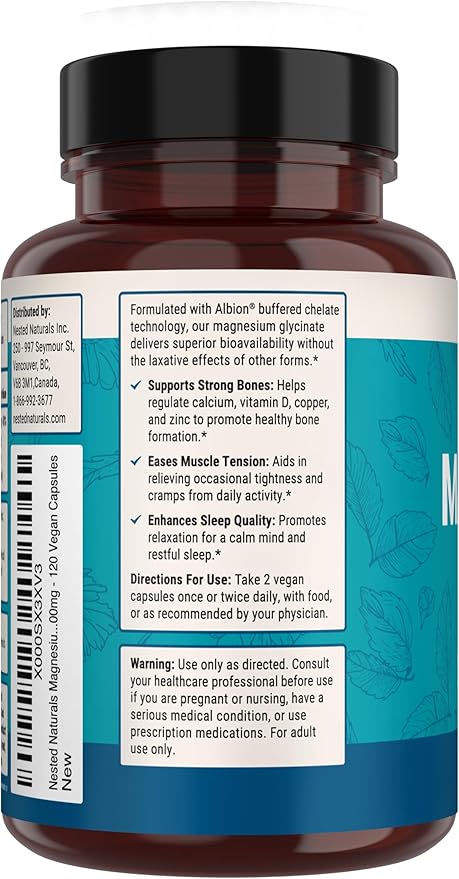 Nested Naturals Magnesium Glycinate Chelate - 200mg Magnesium Supplement for Muscle Cramps, Relaxation, & Sleep Support - 100% Albion TRACCS Buffered Magnesium Glycinate - 3-Pack (360 Vegan Capsules)