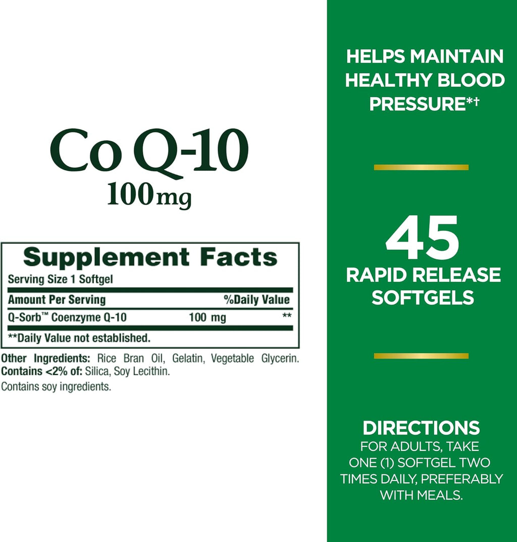 Nature's Bounty CoQ10 100mg for Heart Health Support, Non-GMO Q-Sorb Coenzyme Q-10 Antioxidant Support and Cardiovascular Wellness, Dietary Supplement, Rapid Release Softgels, 45 ct