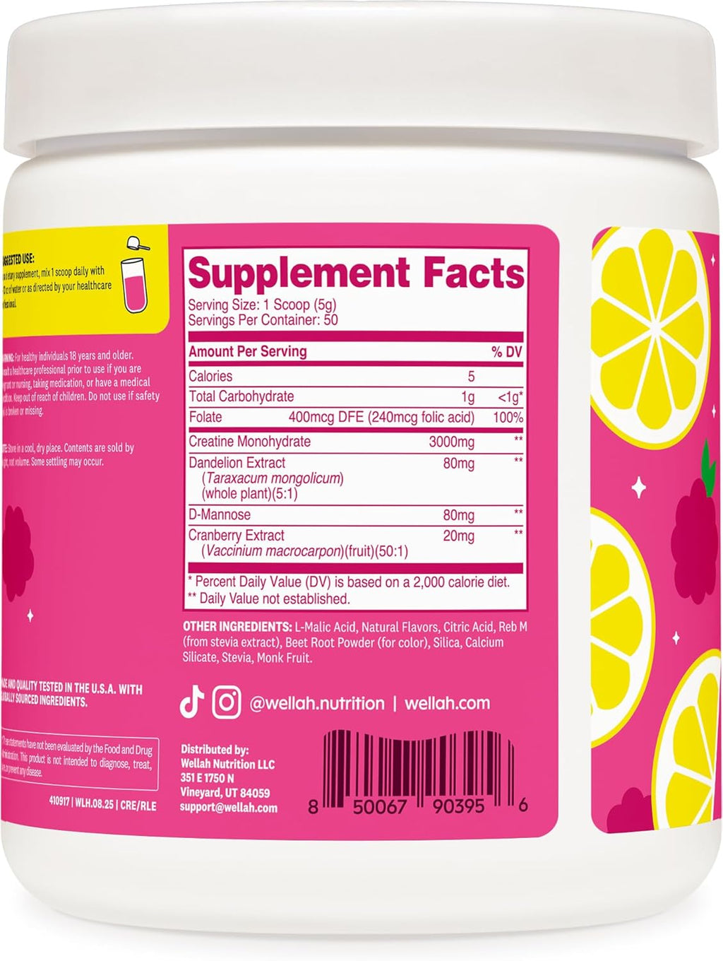 Wellah Creatine for Women (50 Servings) Raspberry Lemonade - 3g of Creatine Monohydrate Powder with Dandelion & Cranberry Extract