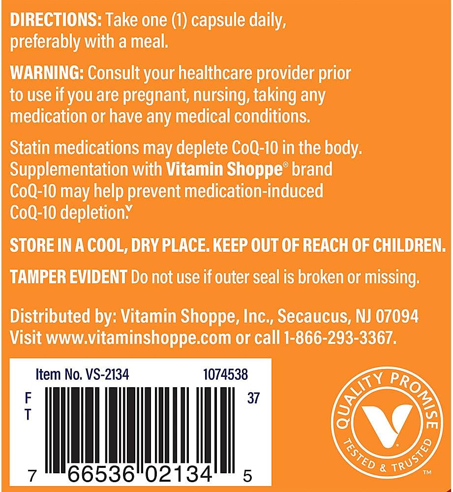 The Vitamin Shoppe CoQ-10 200mg - Beneficial for Those Taking Statins – Supports Heart & Cellular Health and Healthy Energy Production, Essential Antioxidant – Once Daily (60 Capsules)