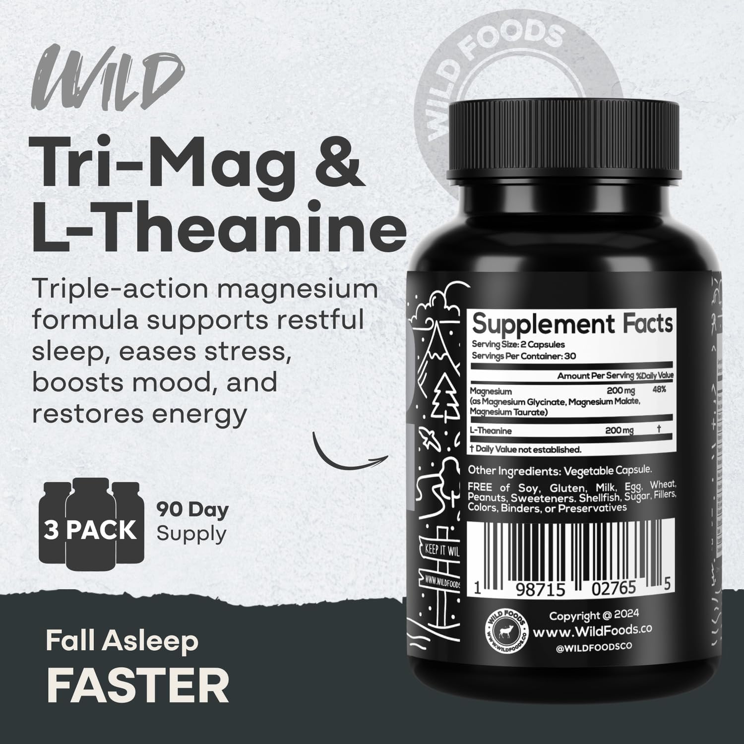 Wild Foods Tri-Mag & L-Theanine – Triple Magnesium Complex for Sleep w/L Theanine – Magnesium Glycinate, Malate, Taurate – 100% Natural – 60 Capsules