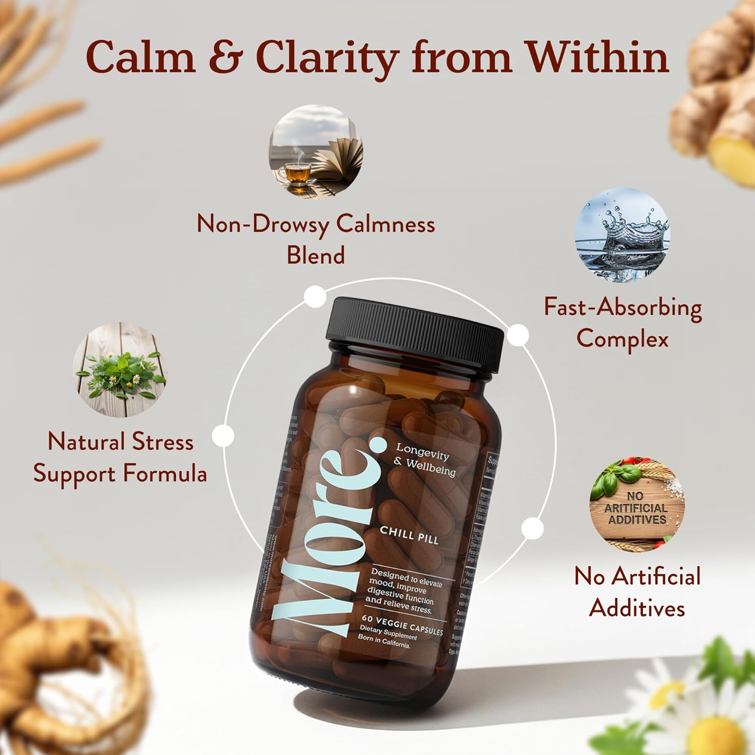 More. Longevity & Wellbeing Chill Pill – Mood Support Supplement with Adaptogens, Ashwagandha, Antioxidants, Amino Acid & Plant Extracts for Stress Support & Digestion – Made in USA, 60 Capsules