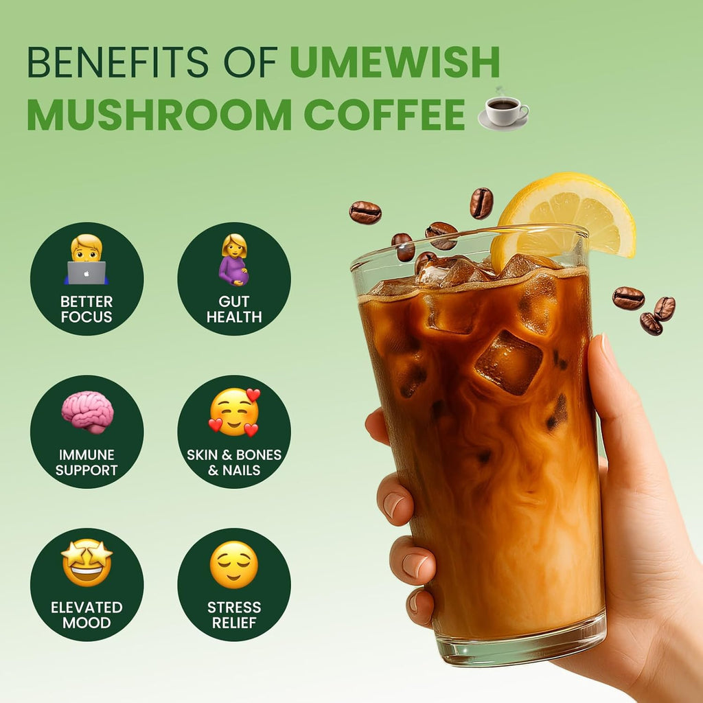 UMEWISH Mushroom Coffee Instant with Marine Collagen, Lion's Mane, Cordyceps, Turkey Tail, Chaga, Reishi for Energy, Focus, Digestion, Skin & Immunity, Keto Friendly(50 Days Supply)