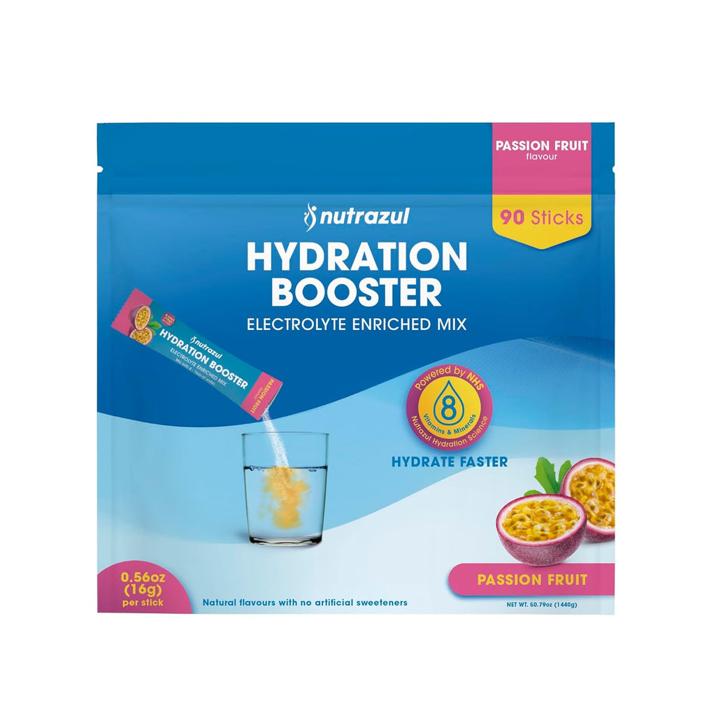 nutrazul Hydration Booster | Supports Rapid Hydration | Electrolyte Enriched Mix | No Artificial Sweeteners | Passion Fruit Flavour| Vegan, Gluten-Free, Non-GMO | 90 Sticks