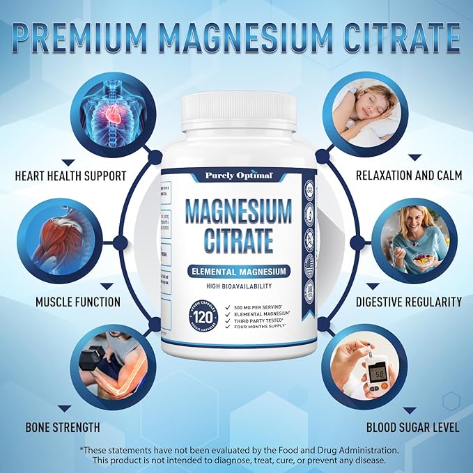 Purely Optimal Magnesium Citrate 500mg – Magnesium Supplement for Digestive Health, Gentle Constipation Relief, Muscle & Sleep Support, Calm & Relaxation – High Absorption, 120 Easy-to-Swallow Caps