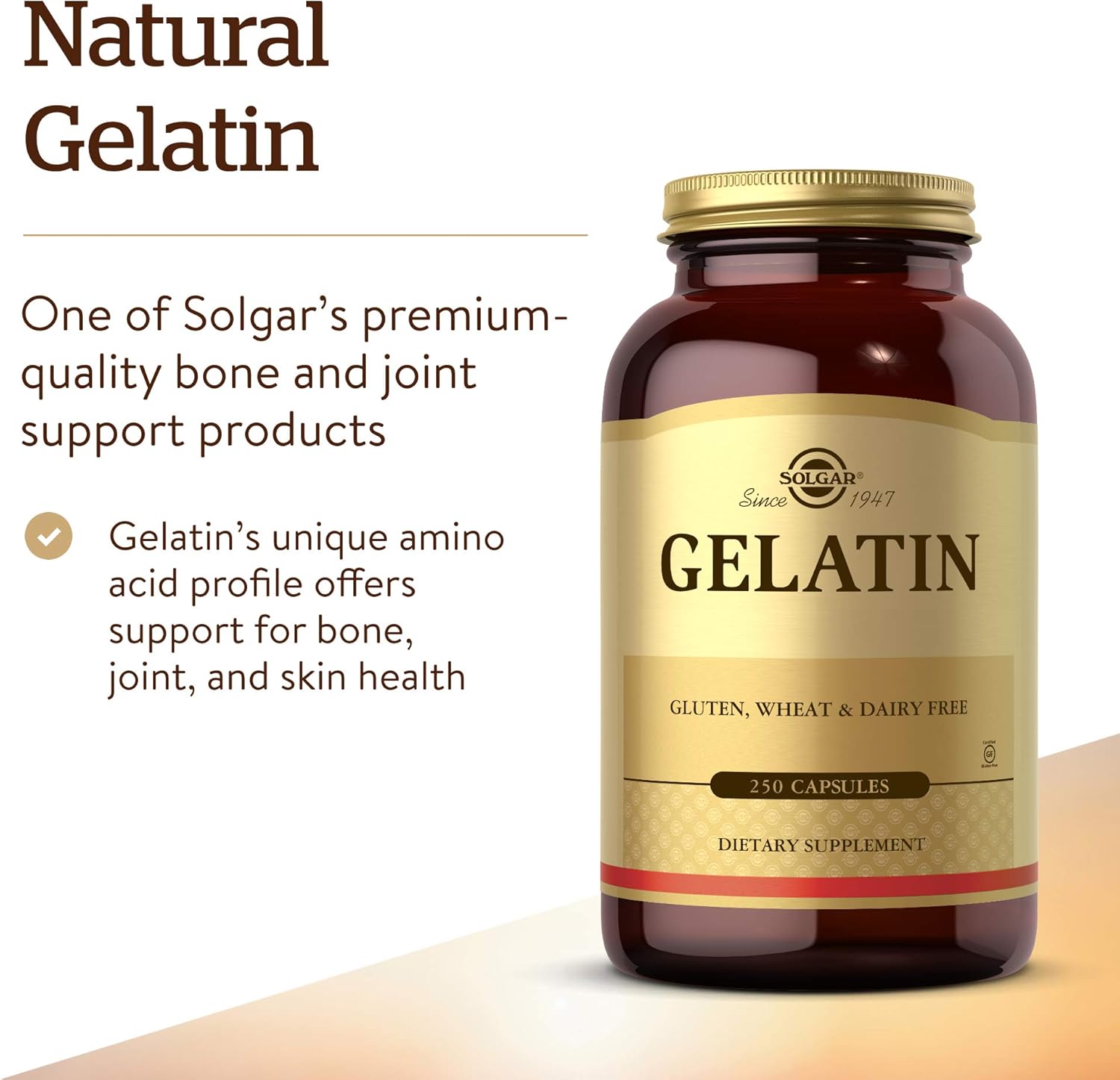 Solgar Gelatin 1680 mg, 250 Capsules - Natural Gelatin - Supports Bone, Joint & Skin Health - Gluten Free, Dairy Free - 83 Servings