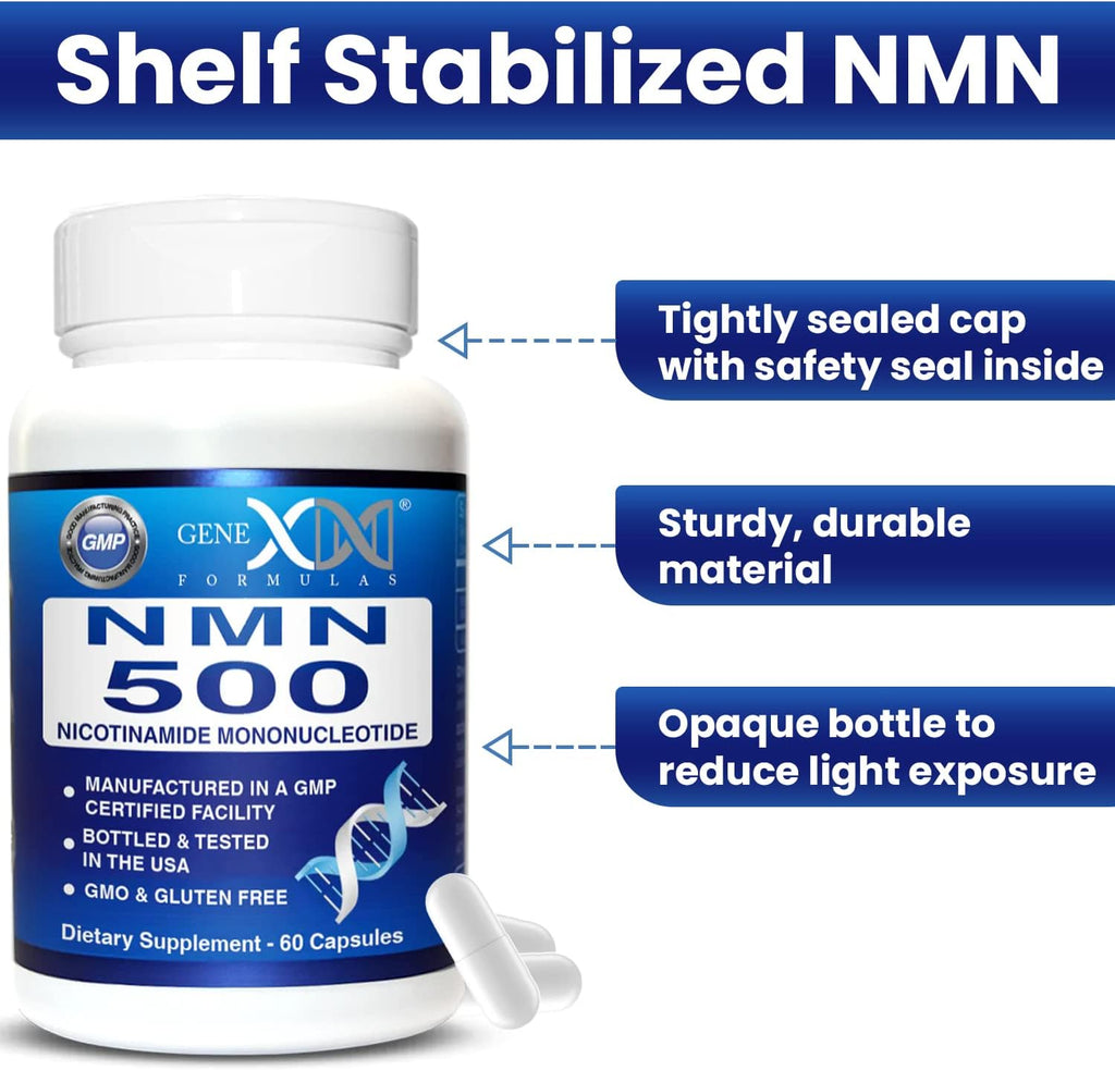Genex Formulas NMN 500mg - 99% Pure Shelf Stabilized Supplement Capsules for Increased NAD Levels & Healthy Aging, GMP Certified, 500mg per Serving, 60 Capsules