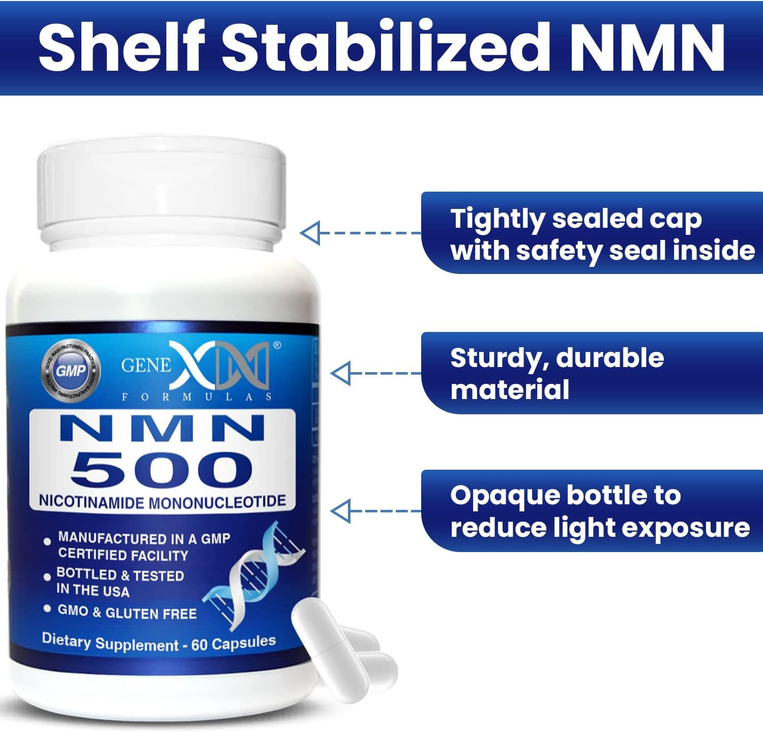 Genex Formulas NMN 500mg - 99% Pure Shelf Stabilized Supplement Capsules for Increased NAD Levels & Healthy Aging, GMP Certified, 500mg per Serving, 60 Capsules