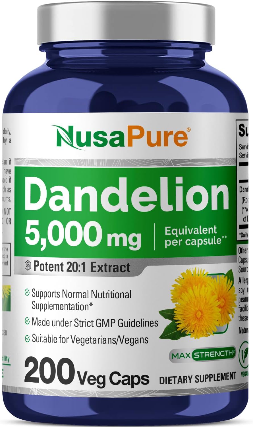 NusaPure Dandelion Root 20:1 Extract, 250 mg Equivalent to 5000mg 200 Veggie Capsules (Non-GMO)