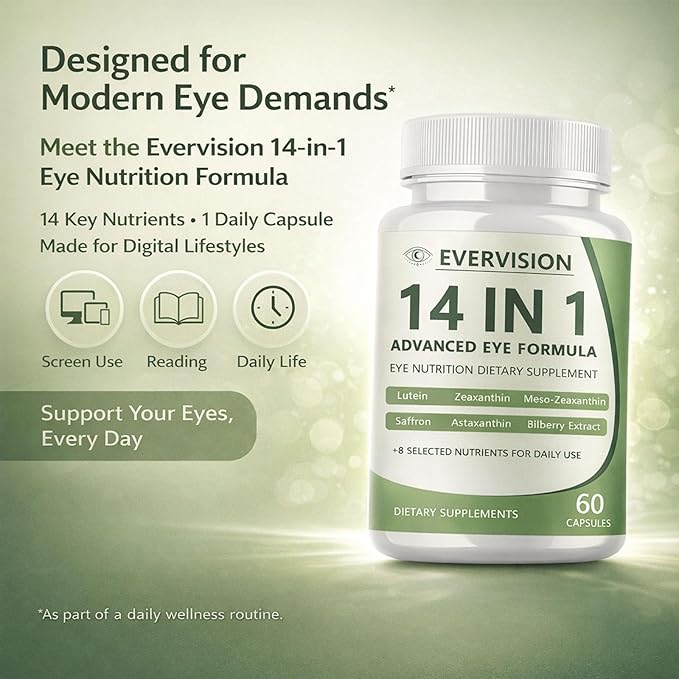 Evervision 14-in-1 Advanced Eye Formula, Daily Eye Nutrition Supplement with Lutein, Zeaxanthin, Saffron & Bilberry Extract, Eye Health Support for Adults – 60 Capsules (2)