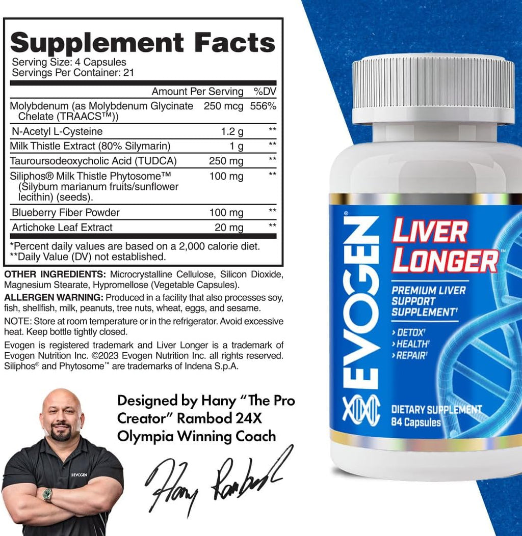 Evogen Liver Longer - Premium Liver Support Supplement | Detox, Health, & Repair | N-Acetyl L-Cysteine, Milk Thistle, TUDCA | 84 Capsules
