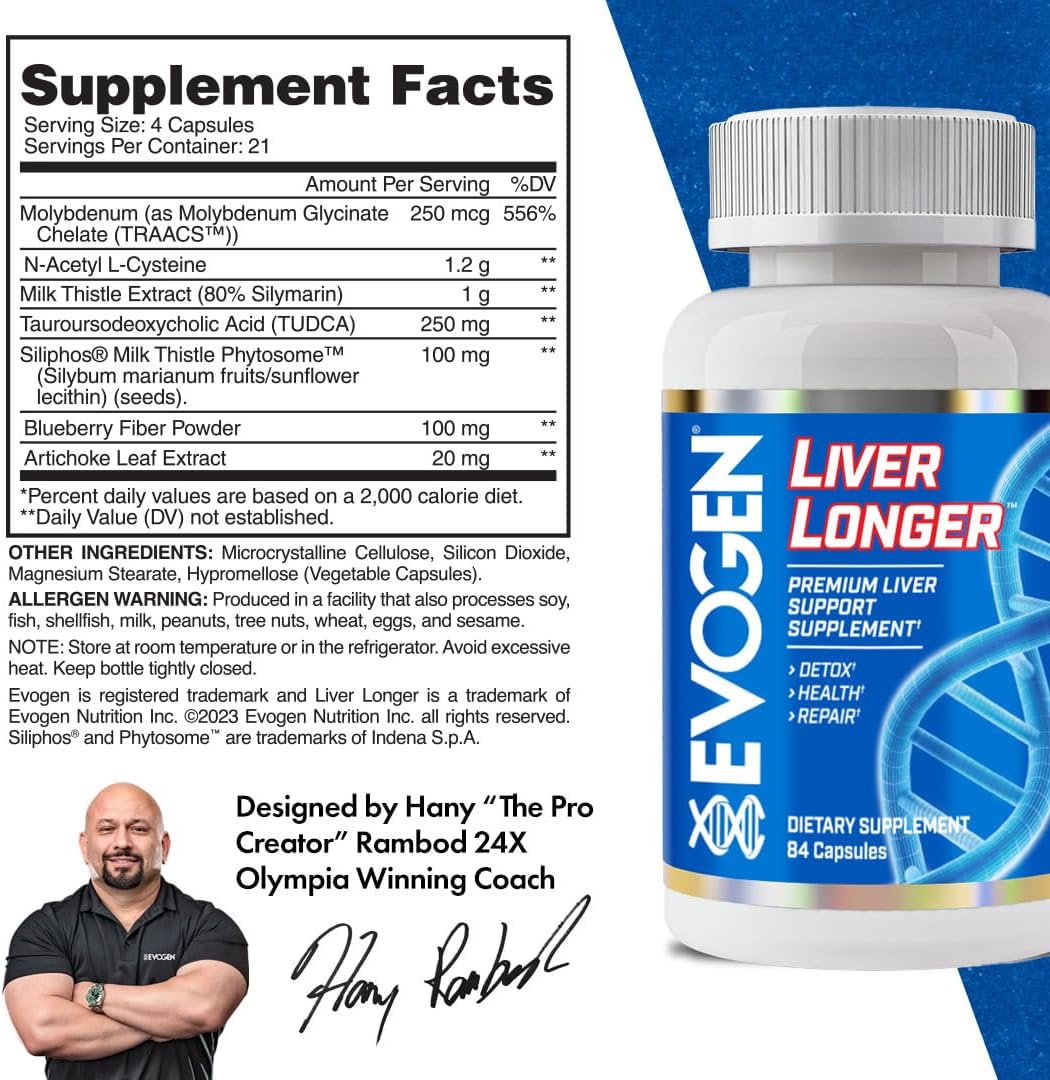 Evogen Liver Longer - Premium Liver Support Supplement | Detox, Health, & Repair | N-Acetyl L-Cysteine, Milk Thistle, TUDCA | 84 Capsules