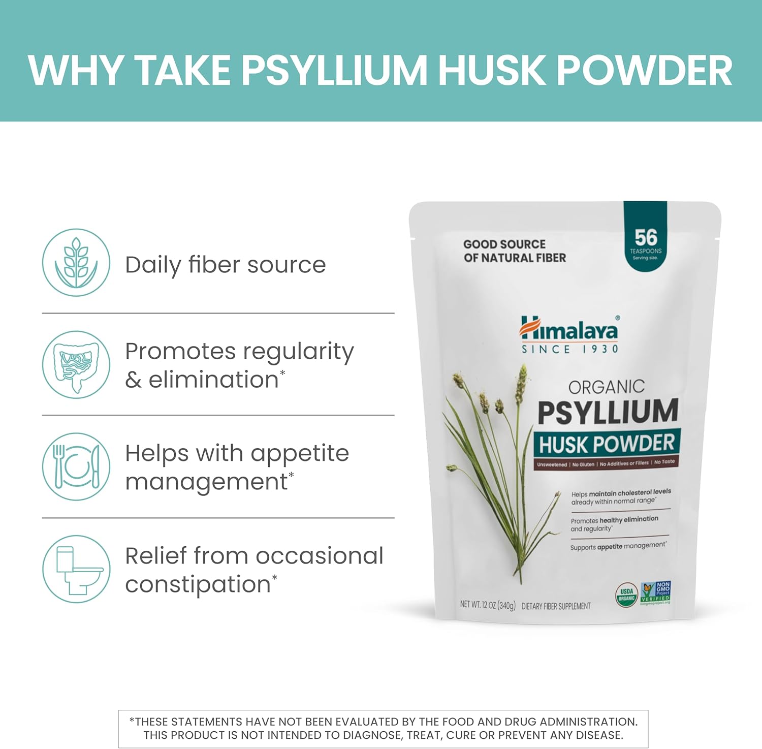 Himalaya Organic Psyllium Husk Powder, Daily Dietary Fiber Supplement, Regularity, Appetite Management, USDA Certified Organic, Non-GMO, No Artificial Colors, Unflavored, 56-Teaspoon Supply, 12 Oz