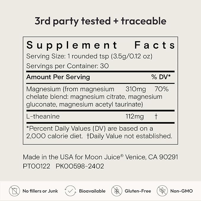 Moon Juice Magnesi-Om Magnesium Powder Supplement - Chelated Magnesium Complex + L-Theanine Blend for Rest, Relaxation & Regularity - Vegan, Non-GMO & No Sugar, Unflavored, 3.9 oz, 30 Sevings