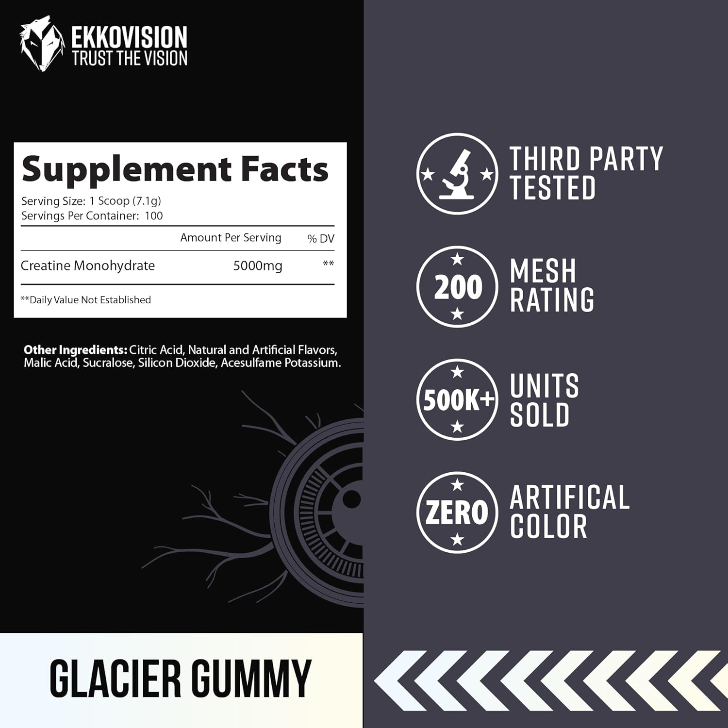 Creatine Monohydrate Powder, Micronized, Glacier Gummy, Pre Workout & Post Workout Supplement for Men & Women, Energy Support, Easy to Mix in Shakes, Smoothies & Beverages, 100 Servings
