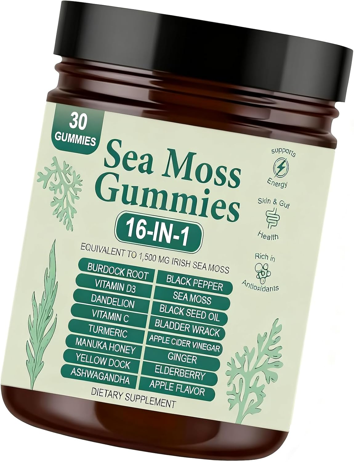 Sea Moss Gummies 16-in-1, Organic Irish Sea Moss Supplement for Immune Support, Digestion, Energy - Vegan, Non-GMO