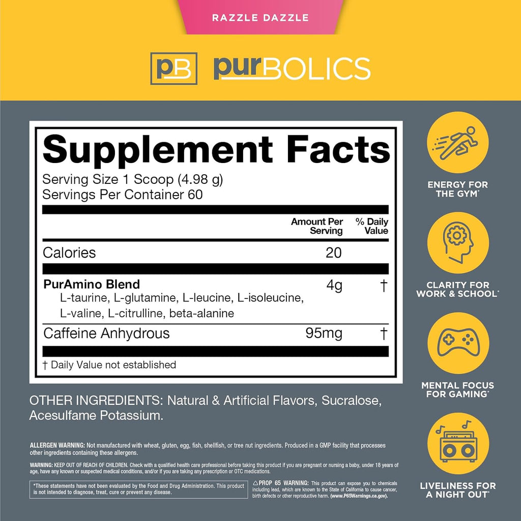 Purbolics Aminos + Energy | Supports Recovery, Energy & Focus | 95mg of Caffeine, 0 Sugar & 60 Servings (Razzle Dazzle)