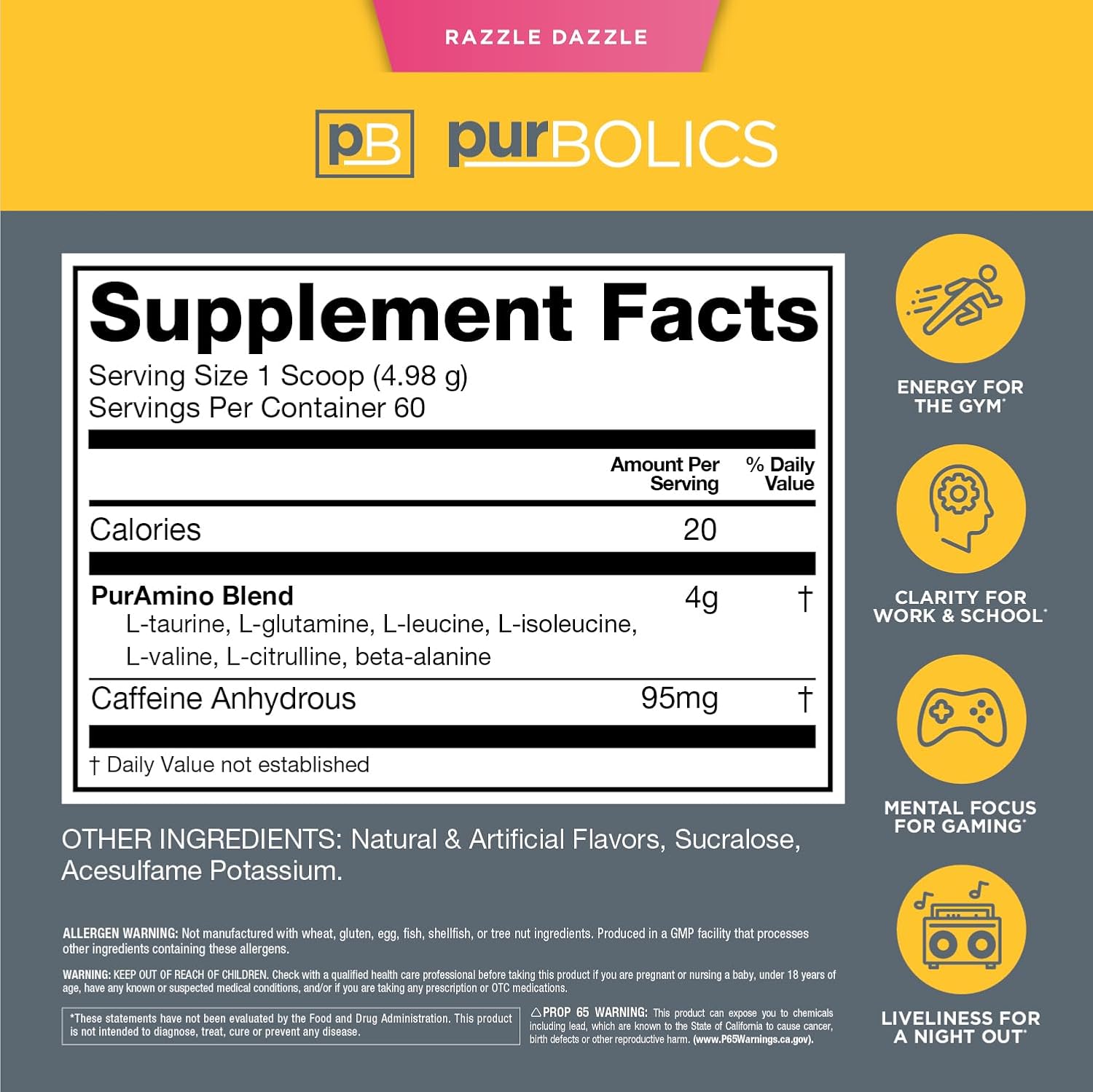 Purbolics Aminos + Energy | Supports Recovery, Energy & Focus | 95mg of Caffeine, 0 Sugar & 60 Servings (Razzle Dazzle)