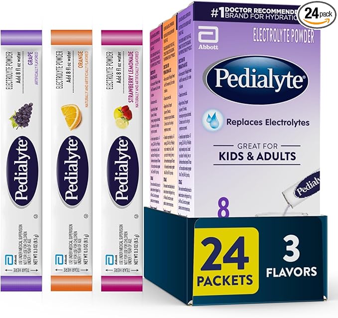 Pedialyte Electrolyte Powder | Hydration Drink for Kids & Adults | Variety Pack: Grape, Strawberry Lemonade, and Orange, 24 Powder Packets