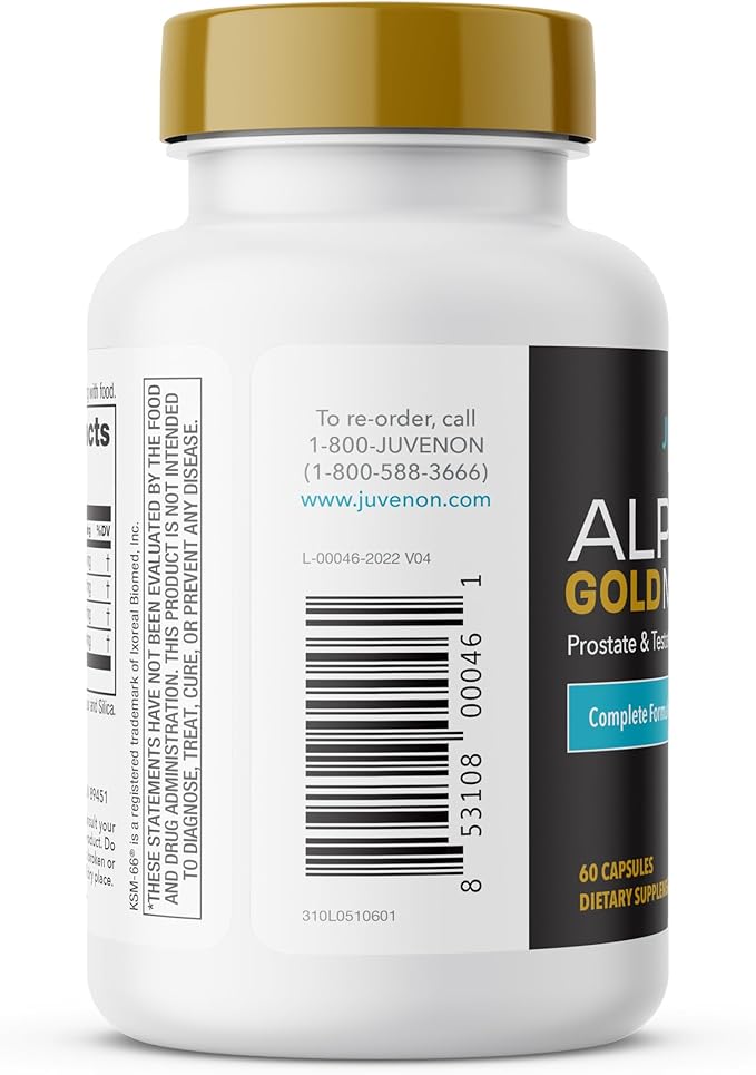 Juvenon Alpha Gold Male Testosterone Booster for Men - T-Support & Male Vitality with KSM-66 Ashwagandha + Fenugreek + Boron Citrate + Saw Palmetto, Non-GMO Vegetarian Capsules