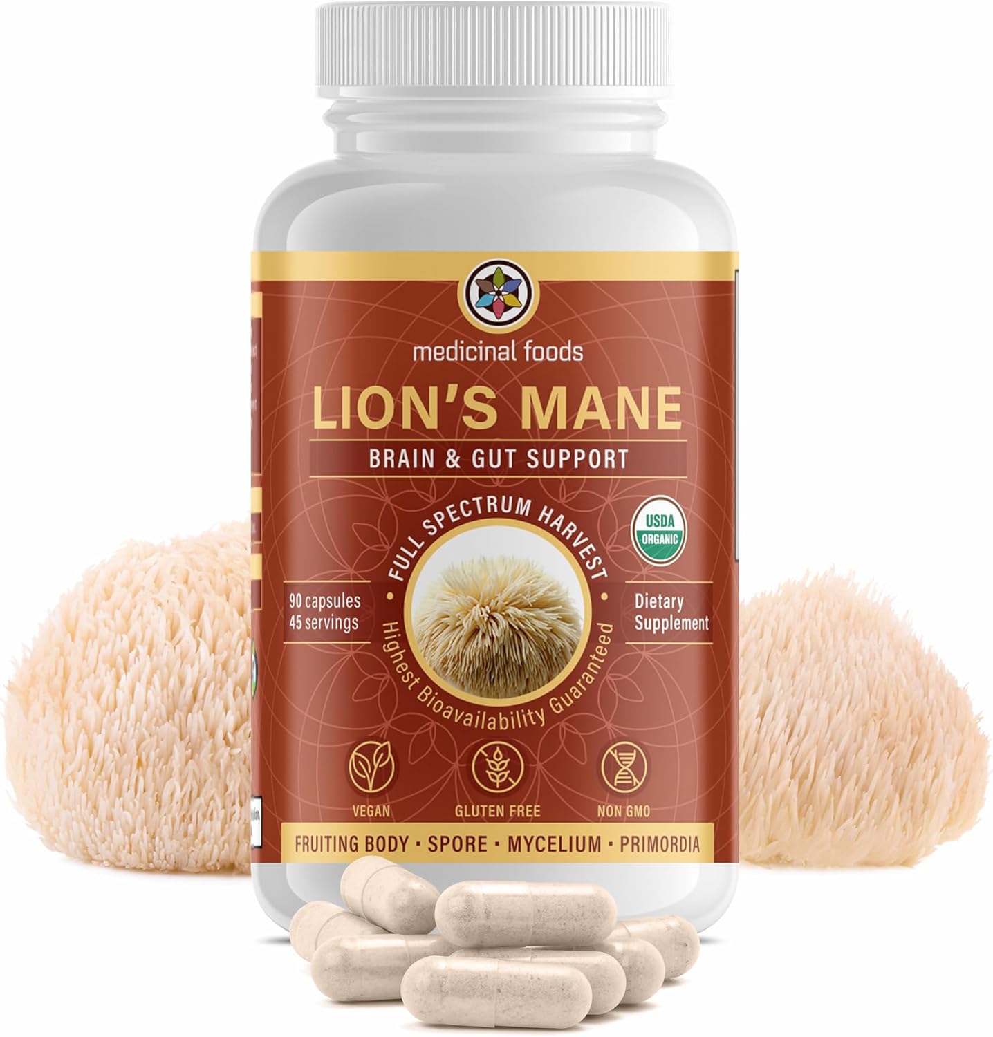 Medicinal Foods Lion’s Mane Capsules Dietary Supplement | Full Spectrum Highest Potency, Organic Steam-Activated, Brain, Gut, & Focus Support, Adaptogenic Wellness, Vegan, Gluten-Free, Non-GMO