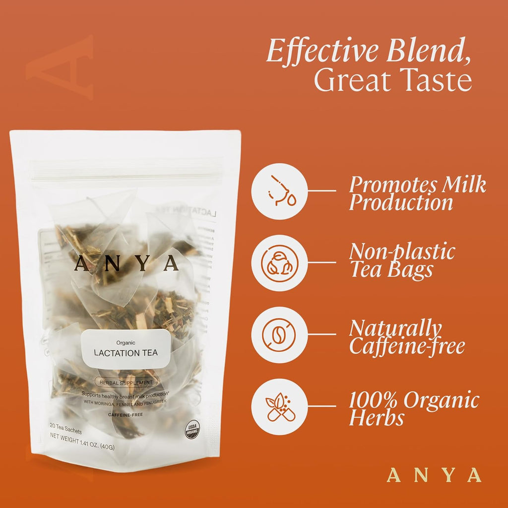 ANYA Herbal Lactation tea, 20 bags - Ginger, Moringa, Fenugreek, Toxicologist-approved, Breastfeeding Safe. Organic Essentials hydration for postpartum Moms, Breastmilk production Nursing support Baby Shower Gifts