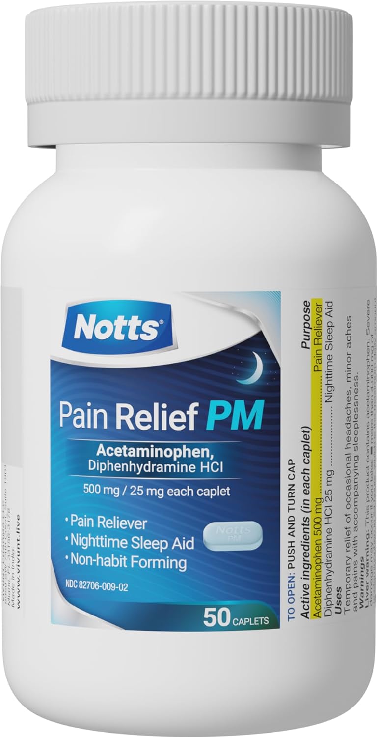 PM Extra Strength Pain Relief & Sleep Aid, 500mg Acetaminophen & 25mg Diphenhydramine HCl, 50 Caplets for Nighttime Aches, Headaches & Body Pain, Non-Habit Forming