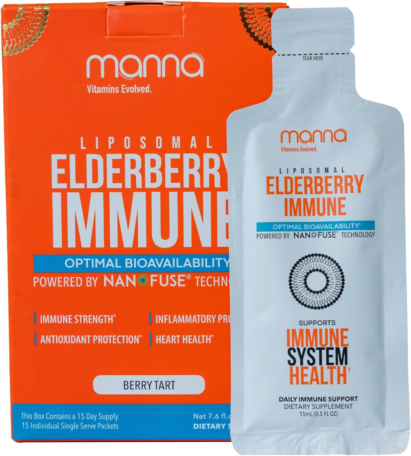 Manna Vitamins Evolved Liposomal Elderberry Immune Packets, Vitamins C, D etc. - Daily Immune Support for Adults, Kids - Sugar Free, Real Elderberry Extract, Syrup, Travel-Friendly, 15 Pack