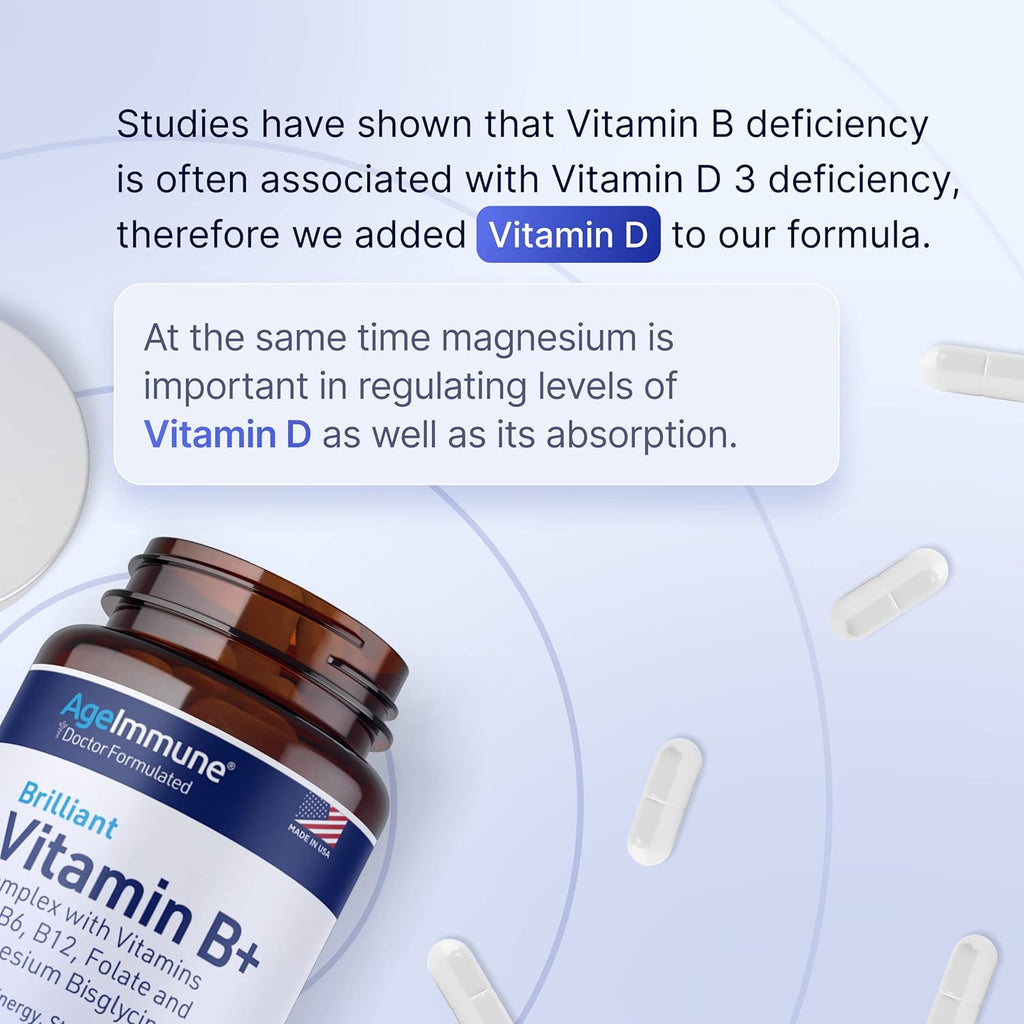 Vitamin B Complex with Vitamin D3 B12 B6 Magnesium Bisglycinate and Folate as Methylfolate - Doctor Formulated Methylated B Complex Supplement – 60 Capsules - Without Niacin