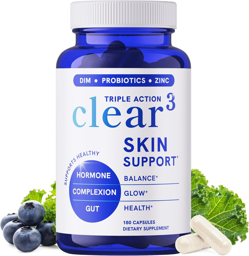 Clear Skin Acne Supplement with Zinc, DIM & Probiotics | 3-in-1 Balance, Clarify, Restore Support with Hyaluronic Acid & Skin Support Vitamins | for Women & Men | Oral Hormonal Acne Pills | 180 Ct
