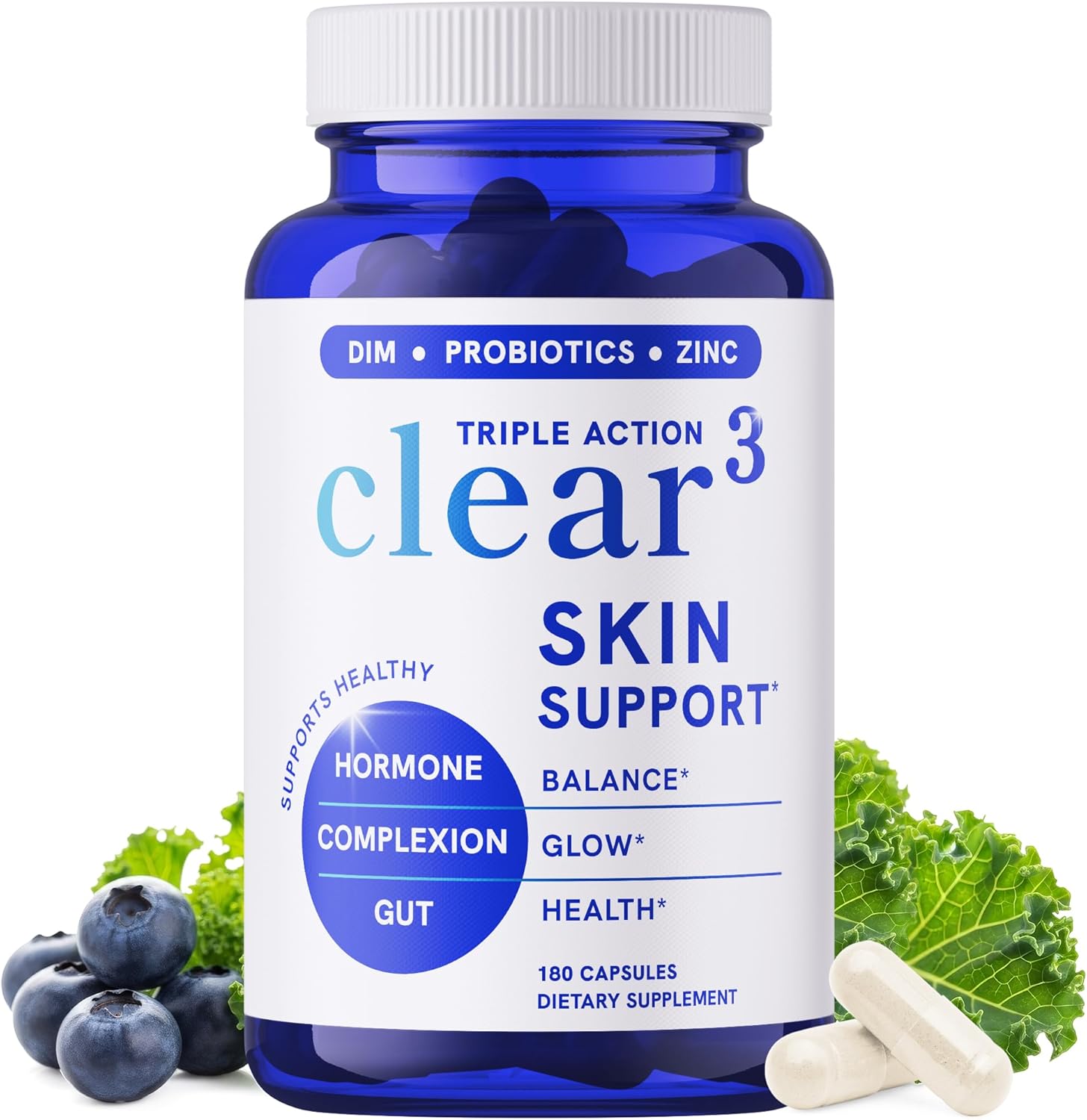 Clear Skin Acne Supplement with Zinc, DIM & Probiotics | 3-in-1 Balance, Clarify, Restore Support with Hyaluronic Acid & Skin Support Vitamins | for Women & Men | Oral Hormonal Acne Pills | 180 Ct