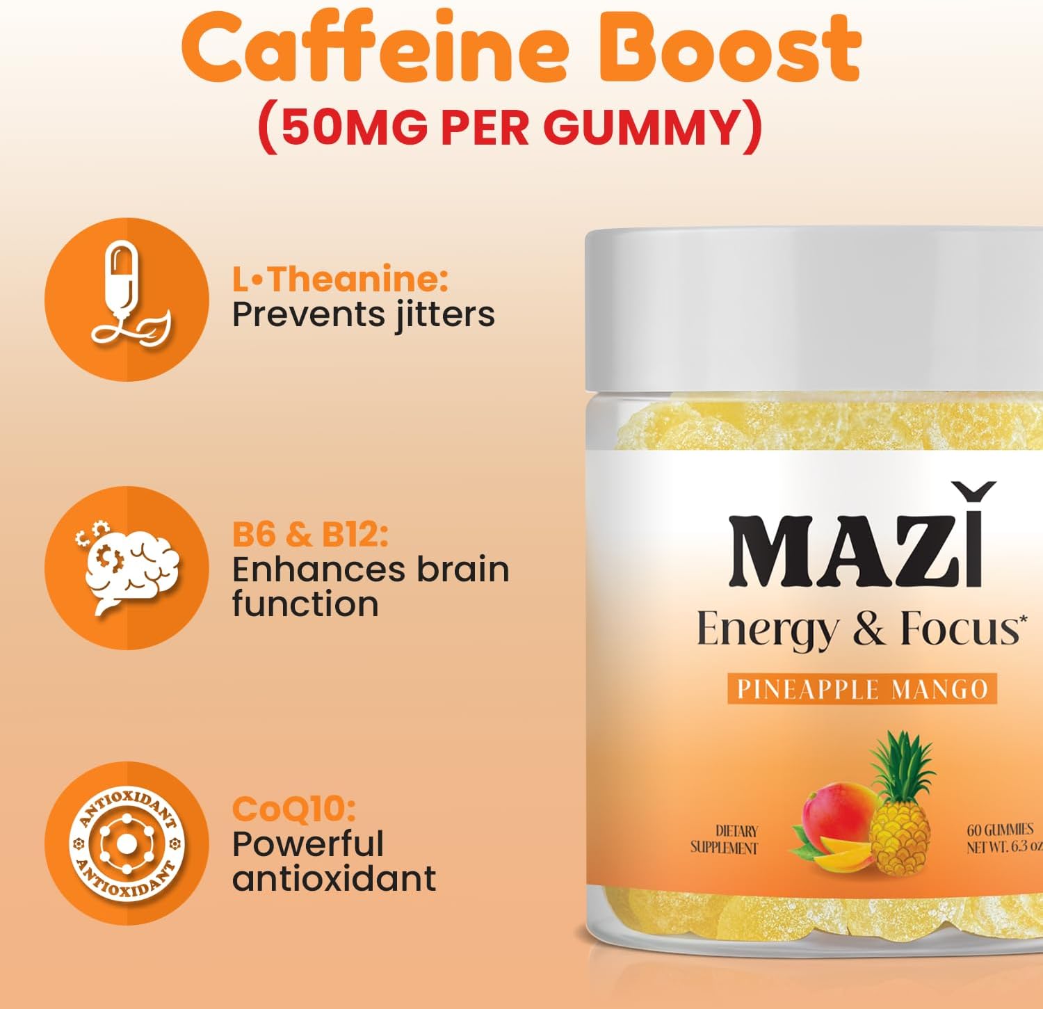 Energy & Focus Gummies | 100mg Natural Caffeine + L-Theanine + Vitamin B6 & B12 + CoQ10 | Nootropic Cognitive Brain Performance Supplement | No Crash or Jitters