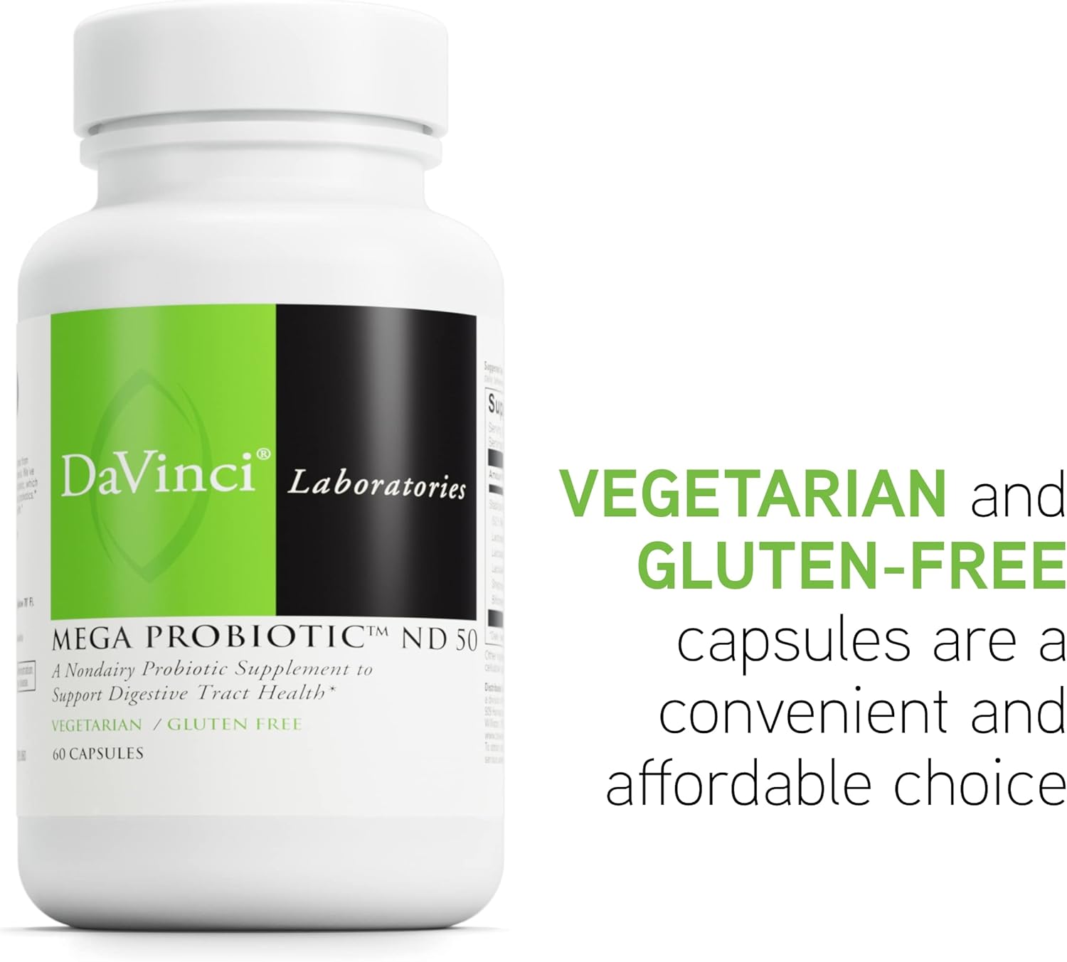 DAVINCI Labs Mega Probiotic ND 50 - Non-Dairy Probiotic Supplement with Prebiotic Fiber - Digestive & Immune Health Support* - Gut Support with Beneficial Bacteria* - 60 Vegetarian Capsules