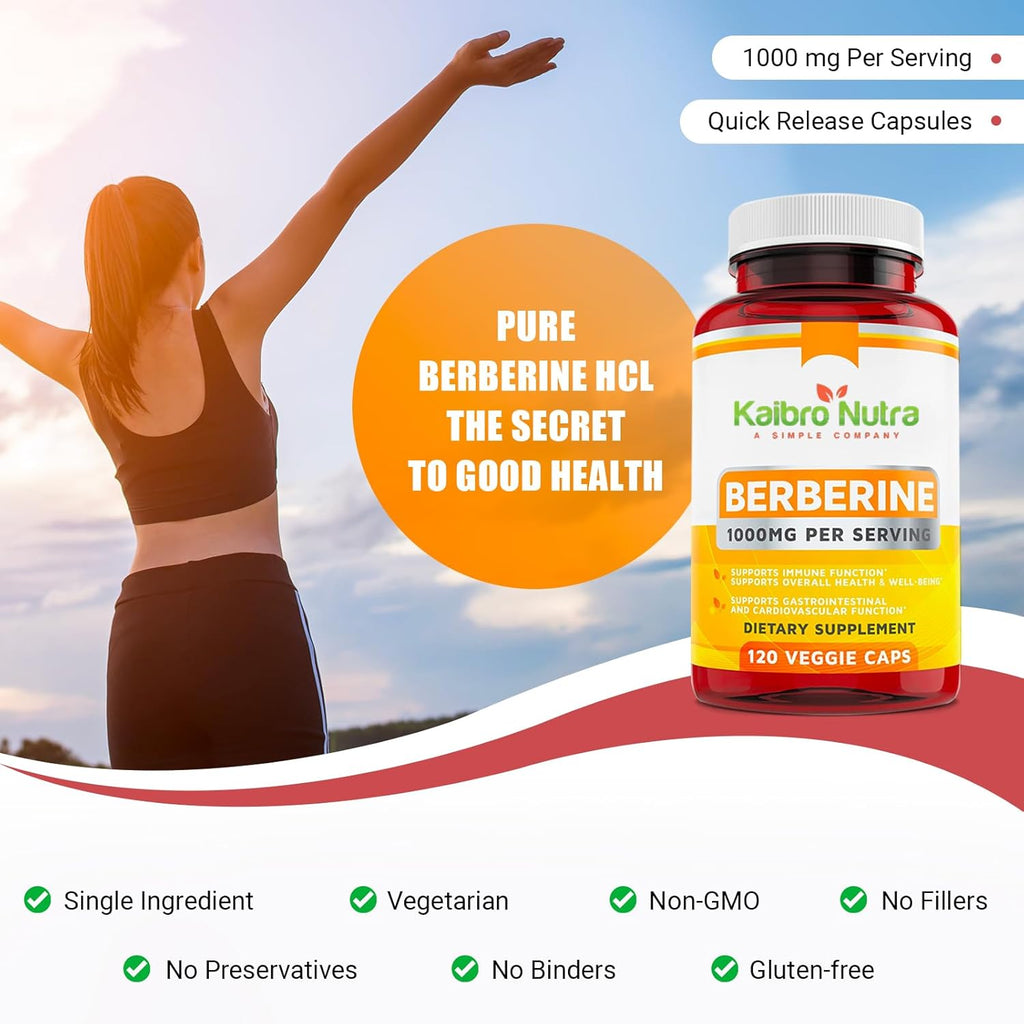 Kaibro Nutra Berberine Supplement 1000mg, Berberine HCL for Immune System, Glucose Support, Circulatory & Gastrointestinal Health, Vegan & Gluten-Free, 120 Capsules