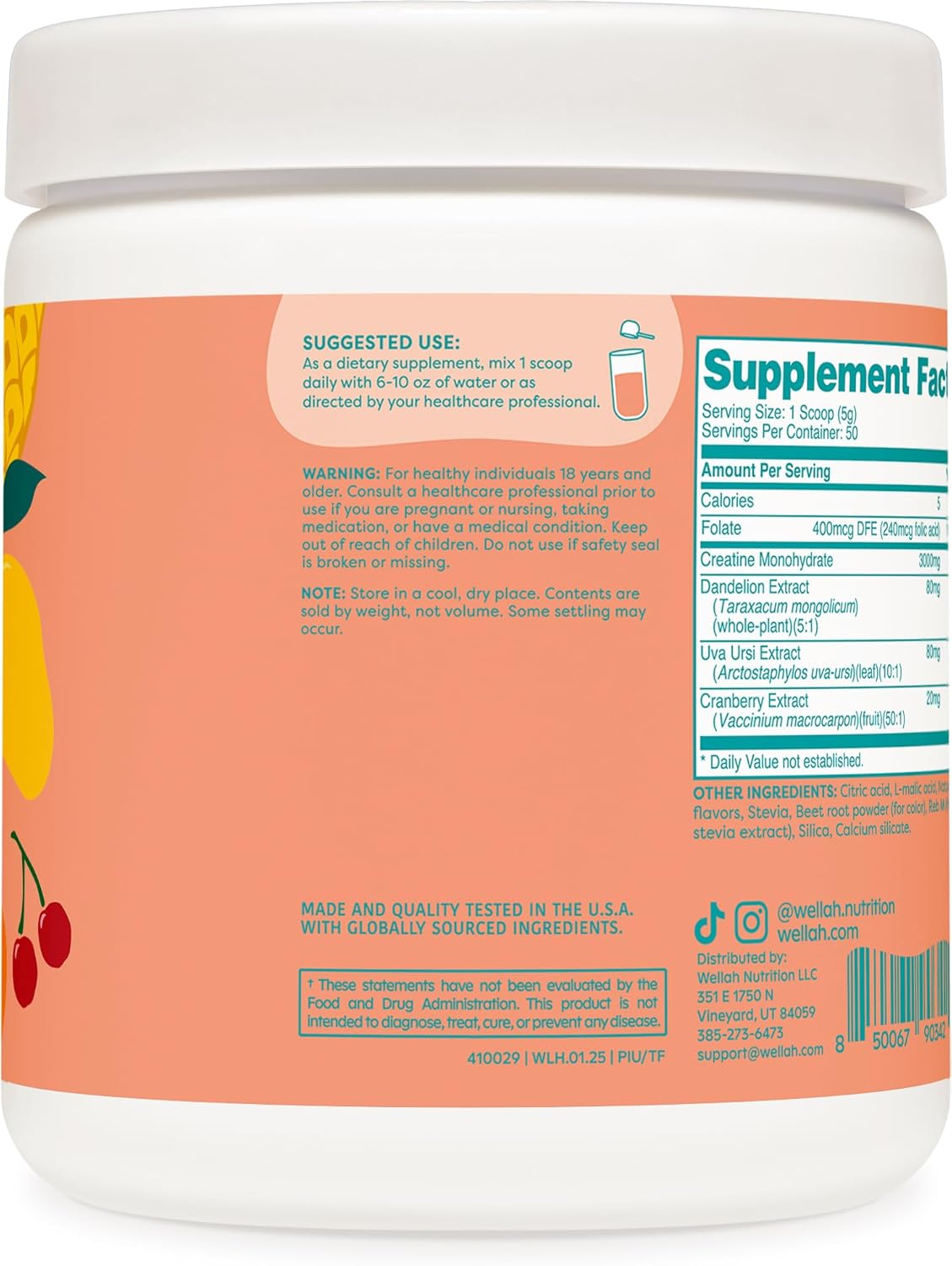 Wellah Creatine for Women - Creatine Monohydrate with Dandelion & Cranberry Extract (50 Servings, Tropical Punch)