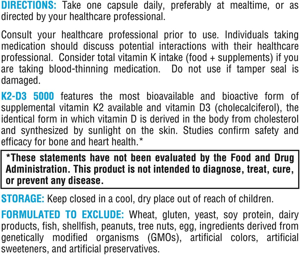 XYMOGEN K2-D3 5000 - Vitamin D3 K2 - Bioavailable Vitamin D 5000 IU (Cholecalciferol) with MK-7 - Heart, Arterial, Bone Health + Immune Support Supplement (120 Capsules)