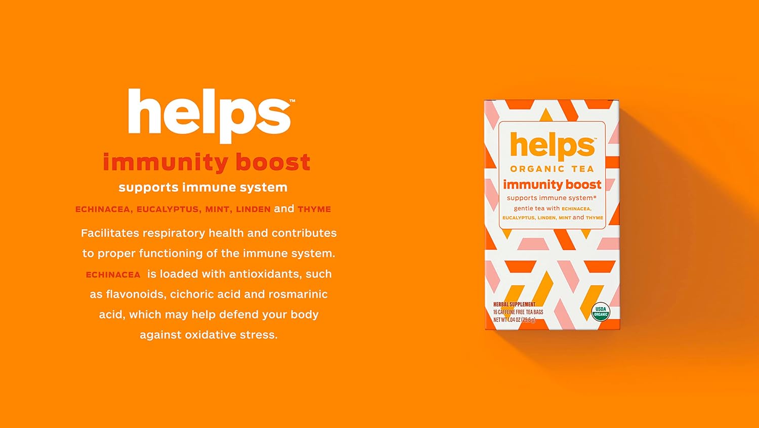 HELPS TEAS | Helps Immunity Boost Tea | Organic herbal blend of Echinacea, Eucalyptus, Mint, Linden, Thyme and Natural Honey Flavor. Facilitates Respiratory Health | 16 Tea Bags - Pack of 6 |