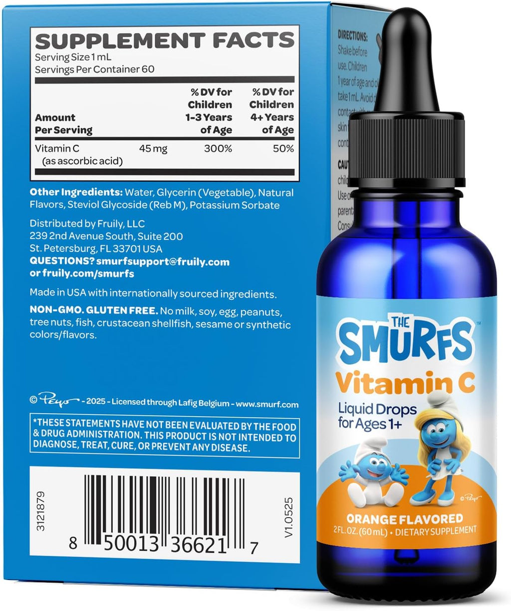 Smurfs Liquid Vitamin C for Kids Immune Support | High Strength Kids Vitamin C Drops | Ages 1 & Up | Vegan Non-GMO & No Artificial Flavors or Colors | No Added Sugar | Orange Flavor | 60 Servings