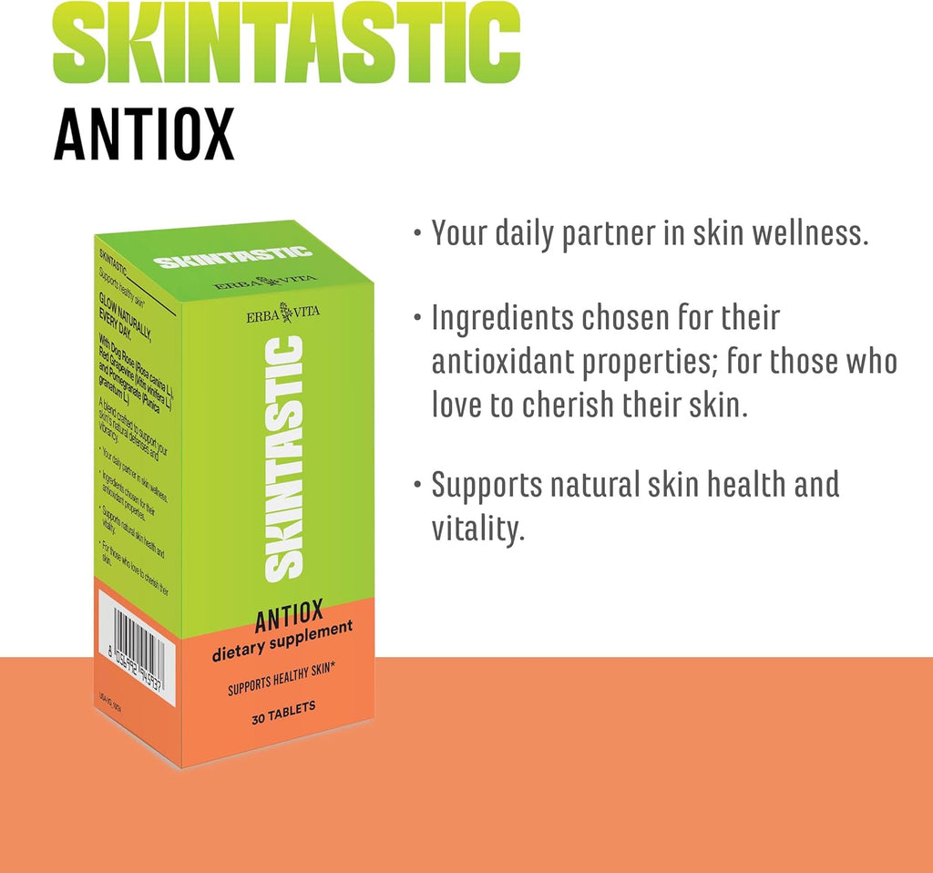 Skintastic Antiox 30 Tablets - Dietary Supplement with Antioxidant Properties, Beta Carotene, Astaxanthin, Coenzyme Q10, Lycopene and Selenium to Support Healthy Skin
