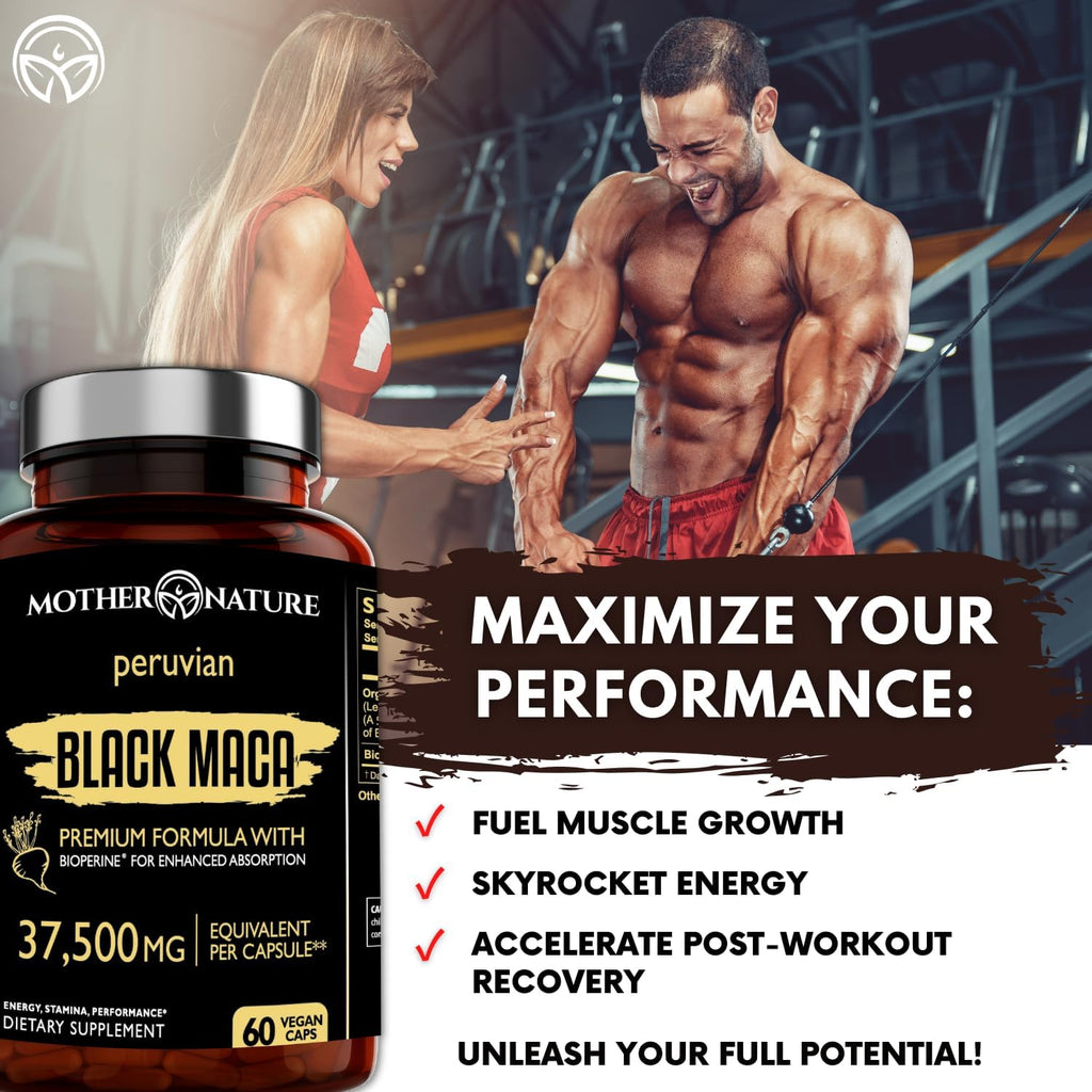 Mother Nature 37,500mg 50x Strength Organic High-Potency Peruvian Black Maca Root Capsules for Men 100% Pure Maca Peruana 50:1 Extract to Boost Stamina, Enegy, Muscle Gain - 60ct